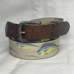 Thomas Bates Fishing Belt Size 40 USA Woven Canvas Leather Trim Outdoor Active